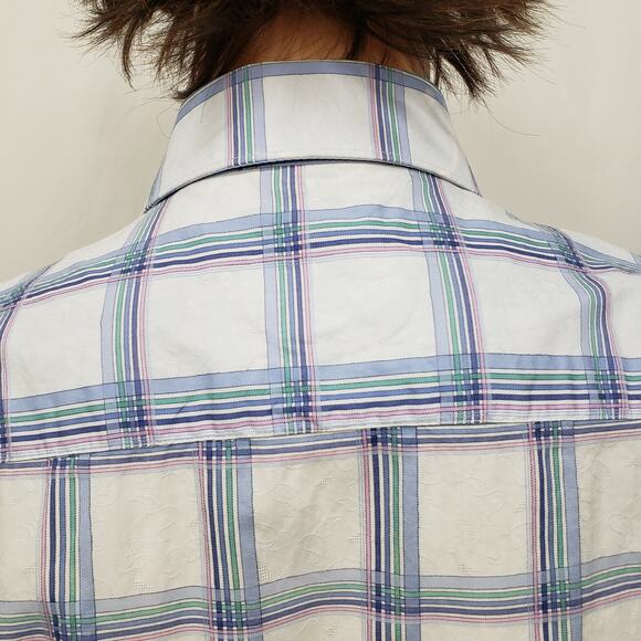 Bugatchi Shirt Short Sleeve Men L Blue Multicolor Plaid & Floral Button Up - Picture 8 of 12